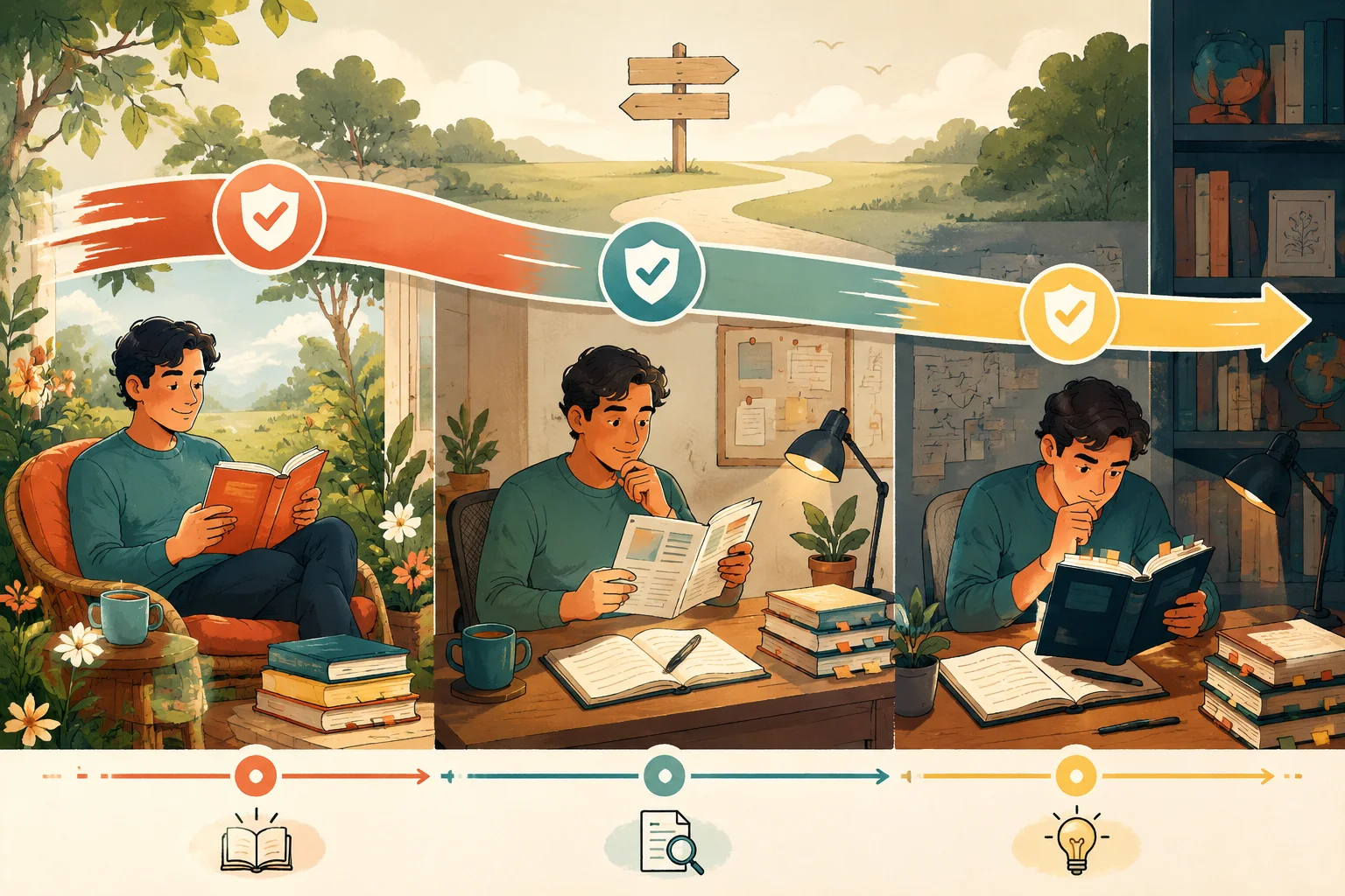 同じ読者が、読みやすい小説、普段の仕事の記事、難しい学習資料に合わせて異なる持続可能なペースを使う図