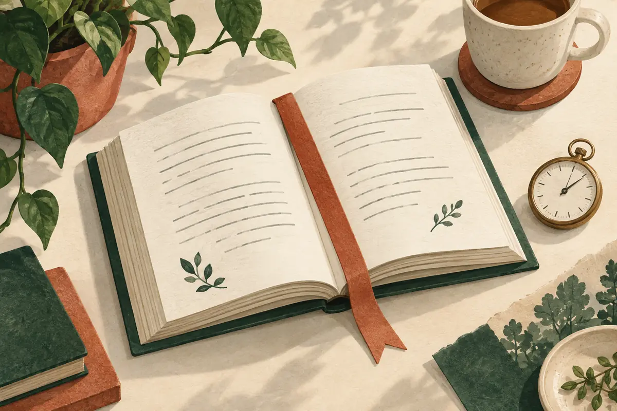 An open green book with a terracotta bookmark beside an analog stopwatch on a cream desk