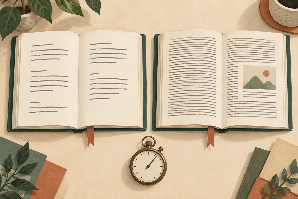 Two equally sized open books with sparse and dense lines of text, with a stopwatch between them