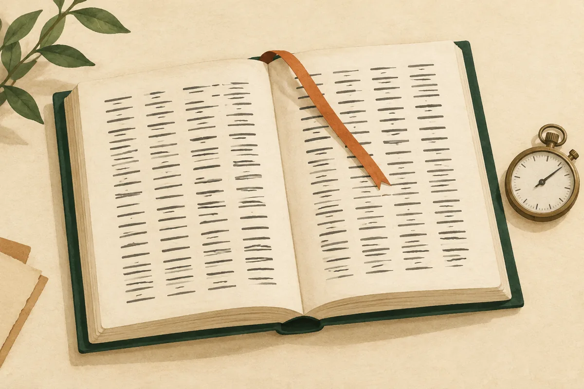 抽象的な行が並ぶ開かれた参考書のページに、テラコッタ色のリボンが一つの行を指し、横にストップウォッチがある